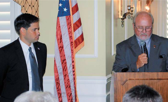 Former St. Augustine Mayor Joe Boles introduces U.S. Senator Marco Rubio to a crowd of nearly 500 guests gathered at the River House on April 27, 2011. Photo by Ed Albanesi
